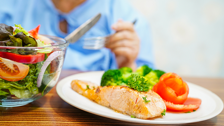 Older adults need to eat protein food at each meal and at least three to four times a day. Protein food includes lean meats, fish, beans, nuts, eggs, milk, cheese, yogurt and tofu.