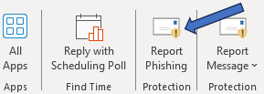 screenshot showing the location of the report phishing button in Outlook