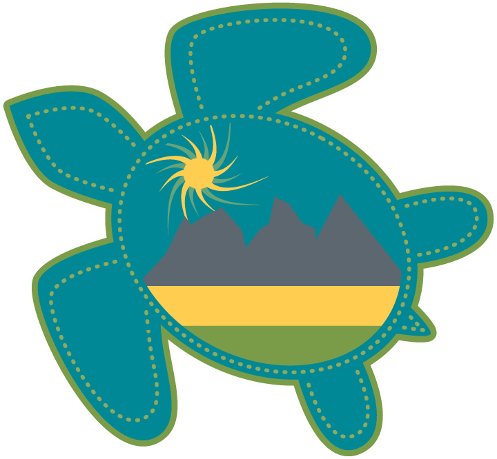 Indigenous Support Line turtle island graphic with sun, mountains and prairies