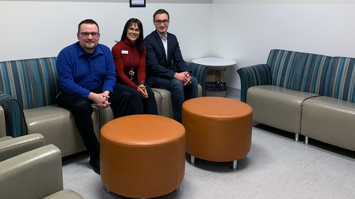 Daniel Erickson, left, Marci Neher-Schwengler and Richard Camacho try out the new furnishings in the Intensive Care Unit at Chinook Regional Hospital.