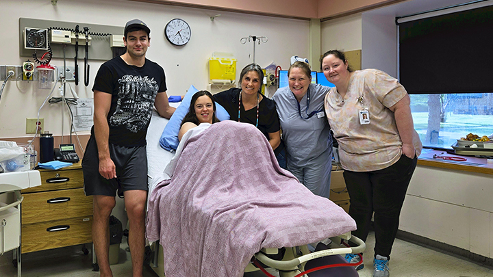 Jesse Wocknitz and Shae-Lynn Wolosuk welcome baby Chloe at Pincher Creek Health Centre — with the help of midwives Terri Demers, left, and Eve Verdon, and licensed practical nurse Brittany McPherson.