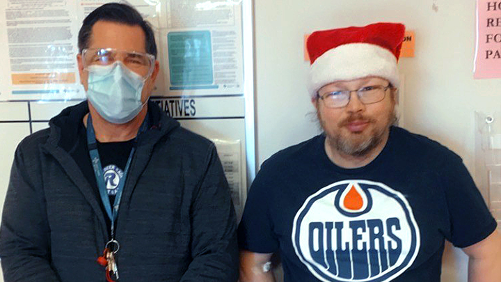 Alvin Cournoyer, right, a patient at Alberta Health Services’ Centennial Centre for Mental Health and Brain Injury in Ponoka, is working with his aide Orion Donison so he can succeed in moving home and return to living a successful life.