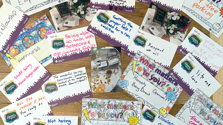 These postcards reflect how staff and community members shared what matters to them at a past What Matters To You Day celebration at Sunridge Medical Gallery in Calgary.